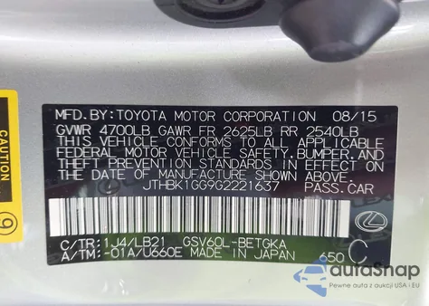 2016 Lexus Es 350 from USA, damaged, VIN JTHBK1GG9G2221637